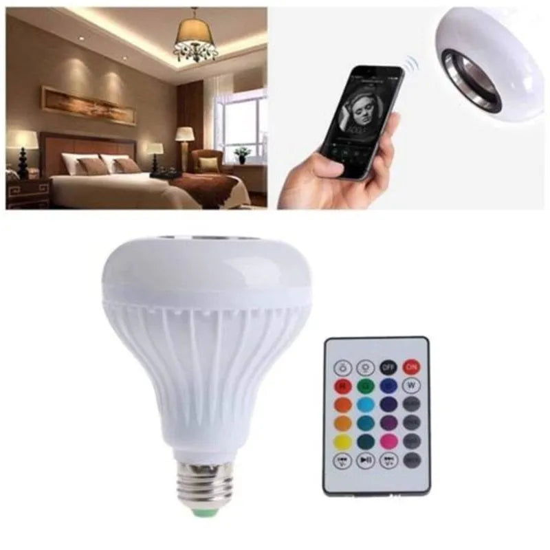 White Bluetooth speaker LED bulb with E27 base showing RGB colour illumination