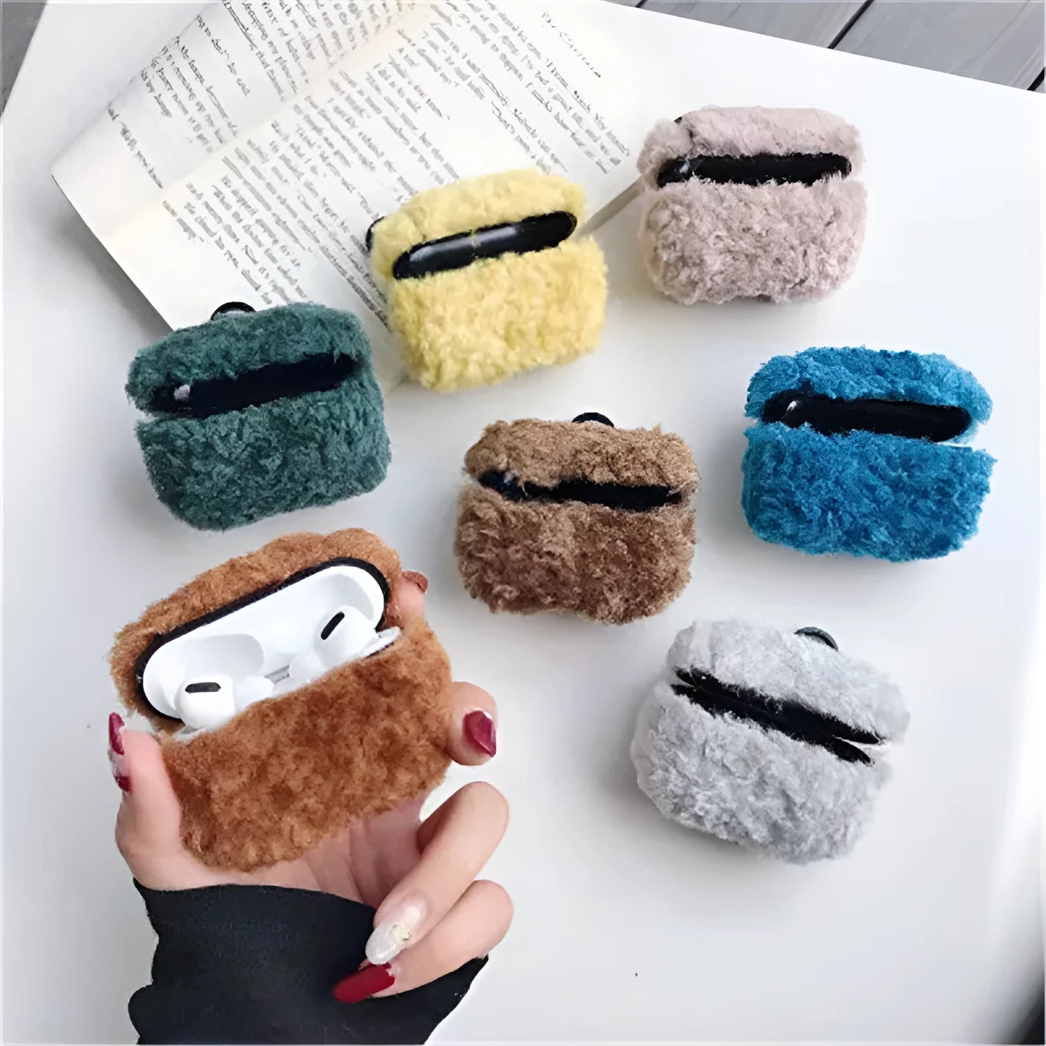 Green plush plastic headphone cover for Apple AirPods showing creative design elements