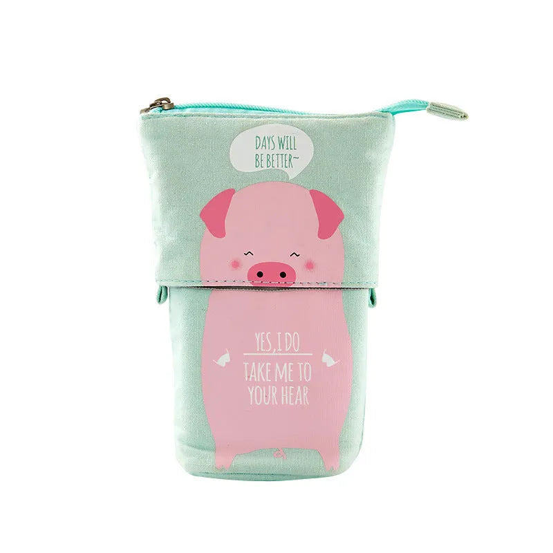 Korean-style round canvas pencil bag with cartoon pattern and zippered closure