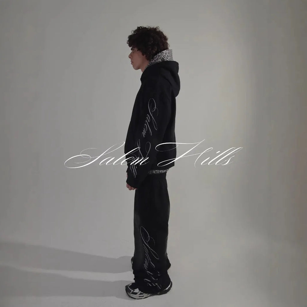 Men's black and white punk print fleece-lined hoodie and joggers loose fit tracksuit set.
