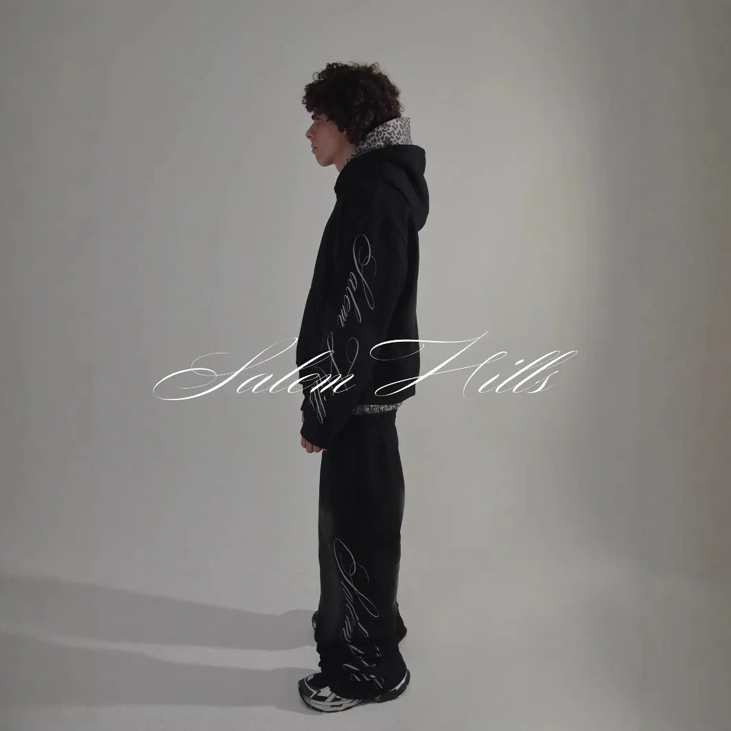Men's black and white punk print fleece-lined hoodie and joggers loose fit tracksuit set.