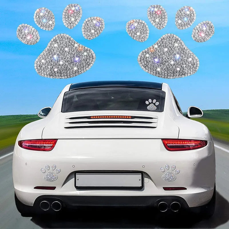 Glass diamond-encrusted car sticker with bear claw and butterfly design, 7 cm by 6 cm.