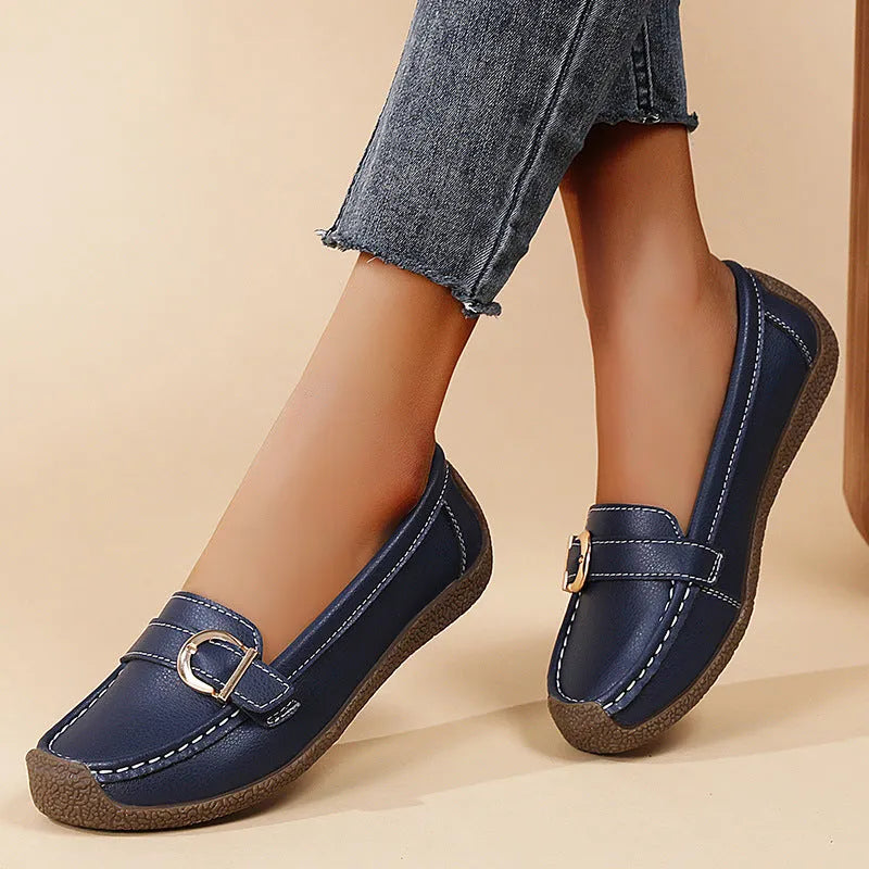 Beige women's casual loafers flat shoes with round toe and shallow mouth design