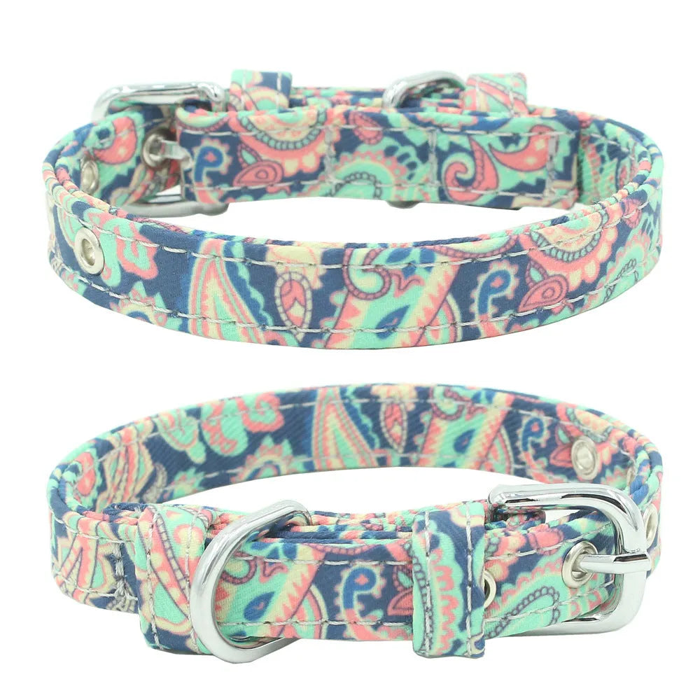 Double layer reflective canvas dog collar with metal D-ring, available in multiple sizes and colours