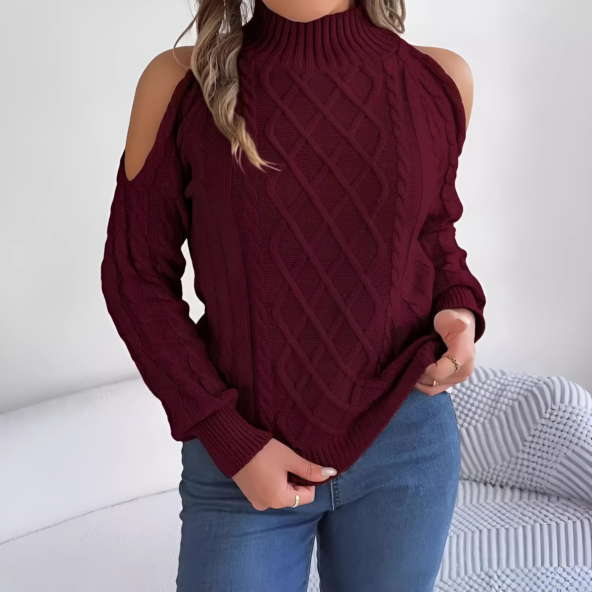 Women's twist pattern acrylic sweater with strapless half-high collar and lantern sleeves in multiple colours