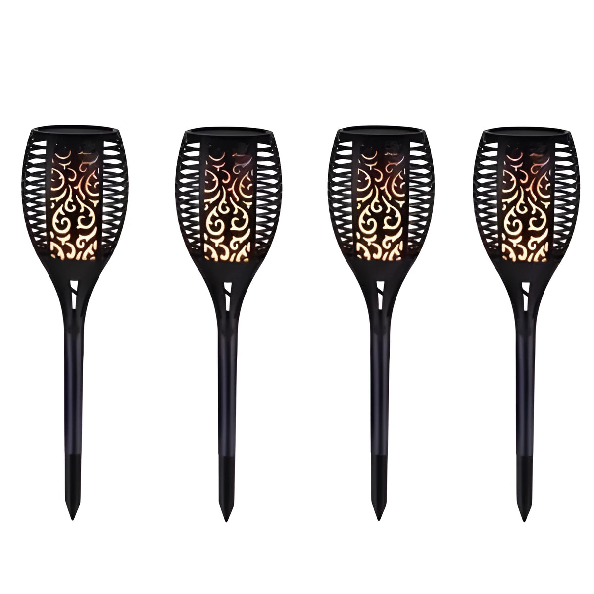 Black solar LED flame torch lamp with warm white flickering effect on a lawn, 83cm tall