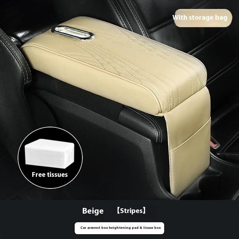 Black leather car armrest cover with angel pattern tissue pocket placed on a vehicle center console