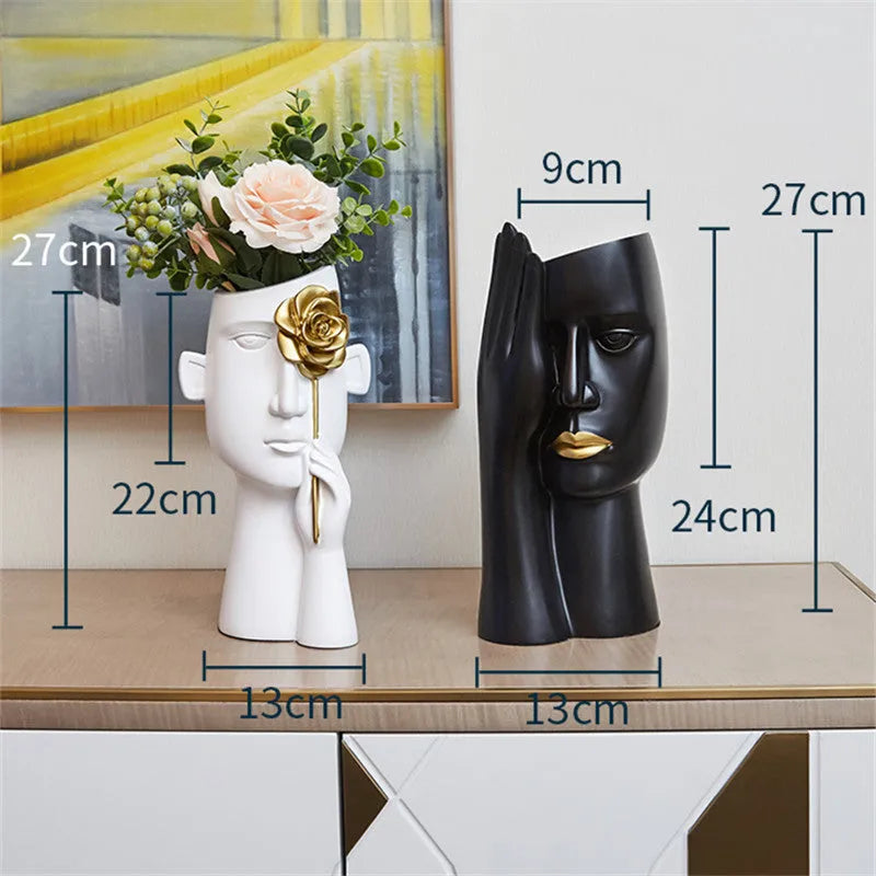 Resin twin ornament vase decoration in white with flower, modern simple style, 27cm tall