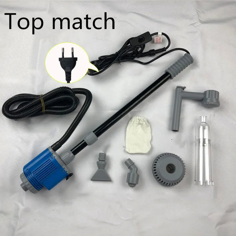 Electric aquarium water changer gravel cleaner with hose and attachments on a fish tank