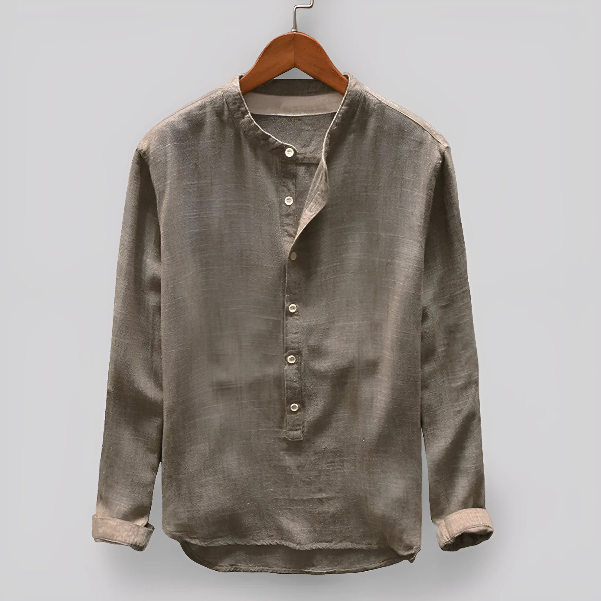 Men's solid colour casual cotton-linen shirt on a hanger, showing colour options of dark blue, grey, yellow, green, and khaki.