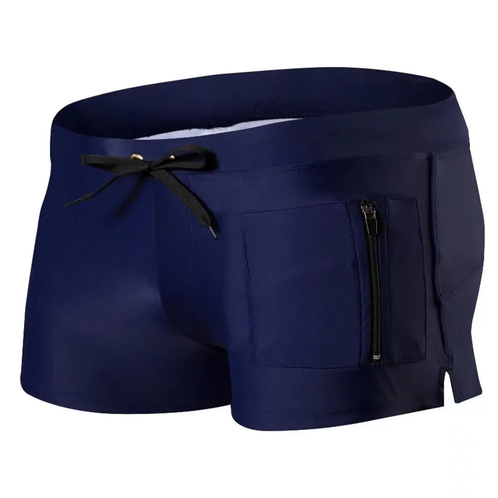 Men's black high-waist swimming trunks with a white lace-up closure on the front.