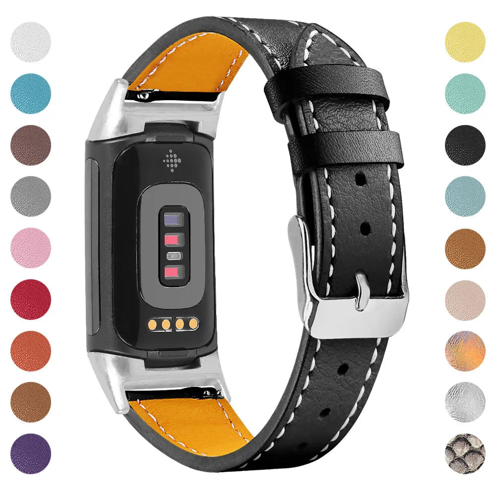 Genuine cowhide leather replacement strap for Fitbit Charge 5 and Charge 6 smartwatches in various colours.
