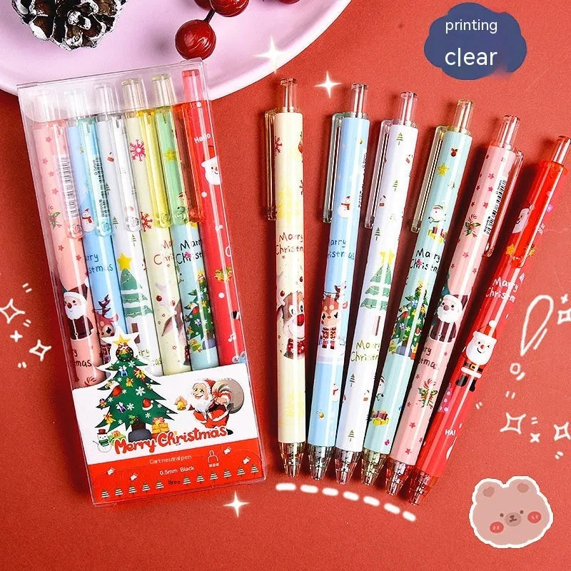Christmas cartoon-themed plastic signature pen set with six black ink cartridge refills