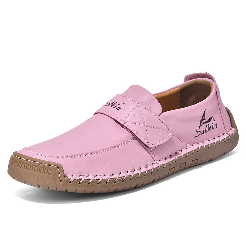 Autumn leisure hand-stitched PU upper Velcro shoes in flat heel round toe low-top casual style