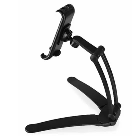Silver aluminium alloy desktop tablet stand with adjustable holder and white mounting base on a wooden table.