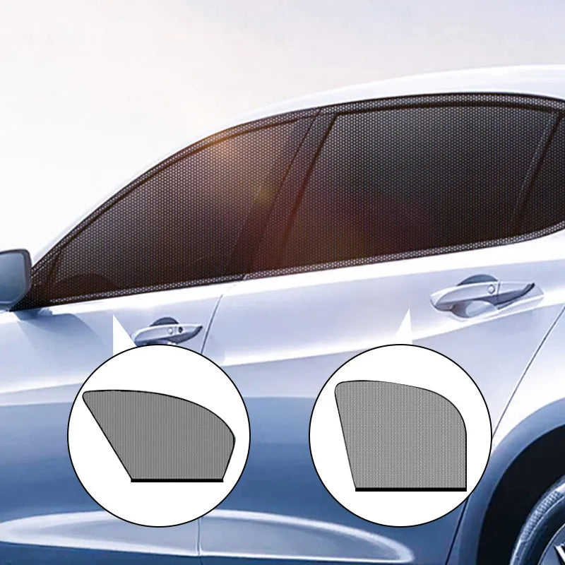 Car side window sunshades with stretch mesh covering front and rear windows
