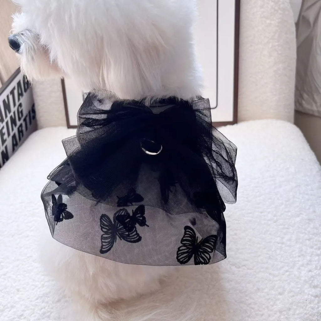 Black polyester princess tulle skirt for a small dog or cat, shown on a mannequin.