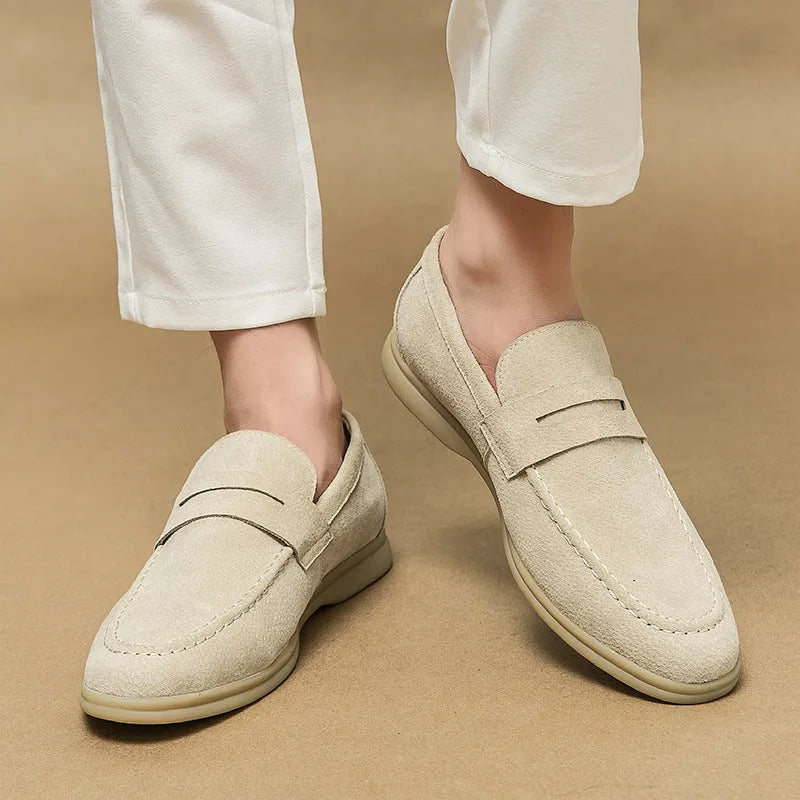 Men's beige slip-on shoes with cowhide leather upper and round toe design