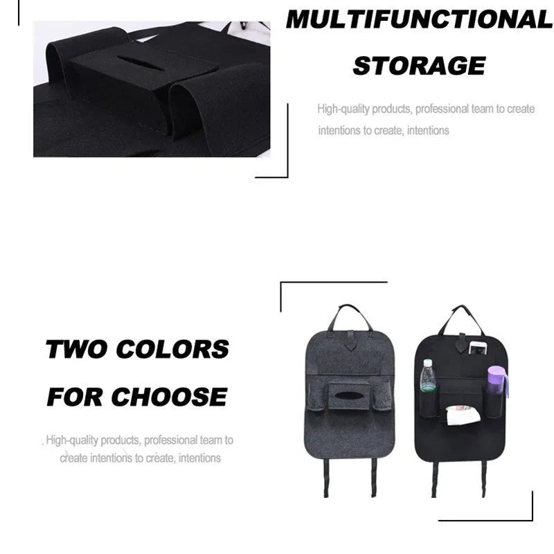 Multi-purpose auto seat organizer bag in wool felt, 33cm x 14cm x 5.5cm, black colour, on car seat back