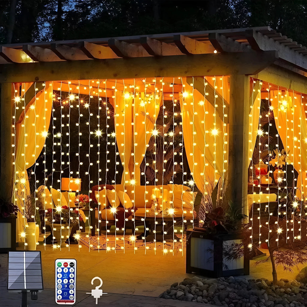 Curtain lighting chain with 300 warm flower-shaped lights on copper wire for outdoor decoration