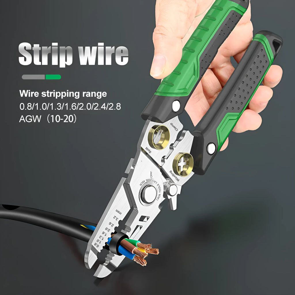 Stainless steel 7-in-1 wire stripper tool with two-colour ABS handle and precision apertures