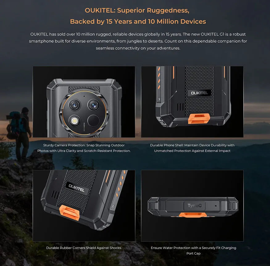 OUKITEL G1 Android mobile phone in grey, green, and orange colour options with included charger.