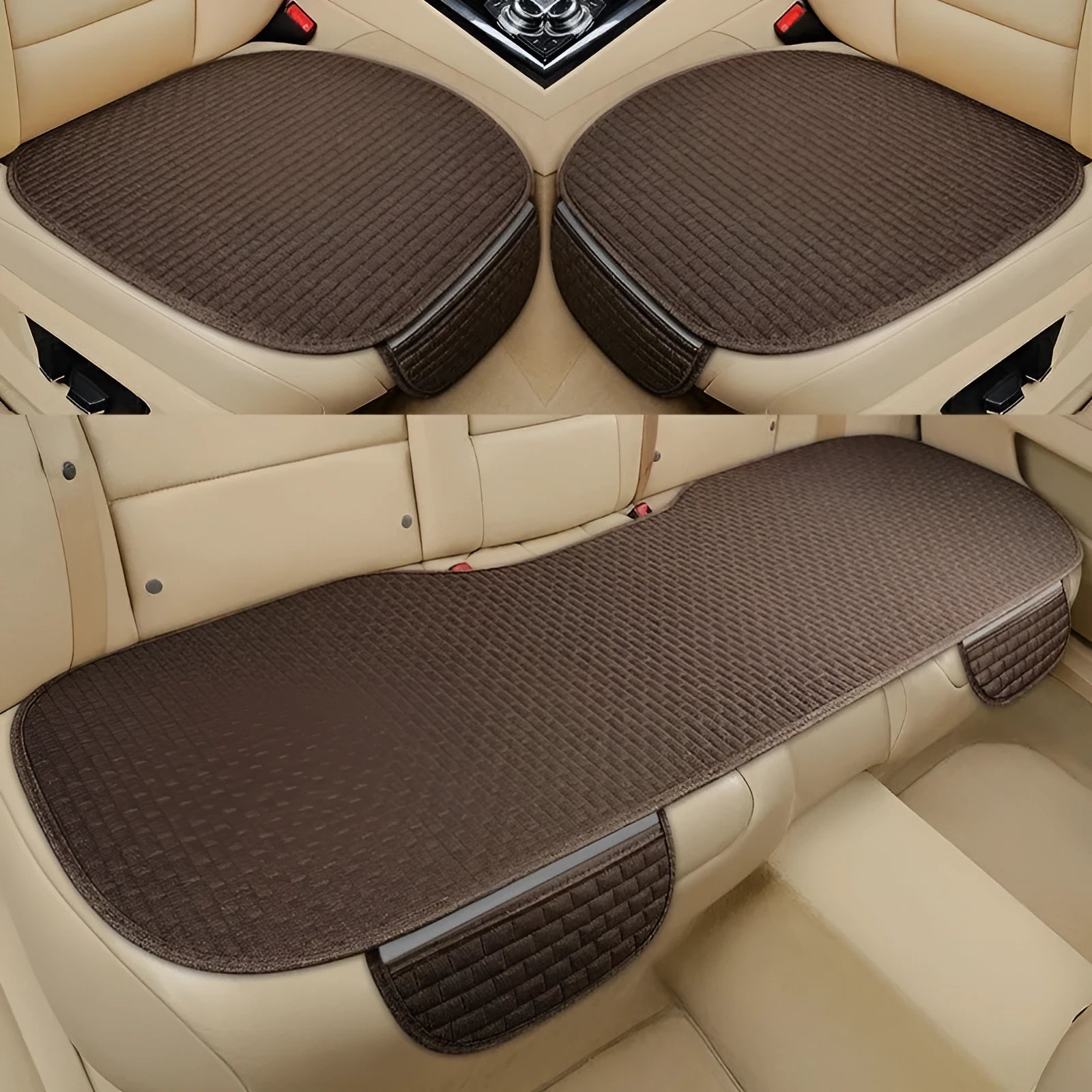 Linen car seat cushion with hemmed edge in charm coffee colour, shown on a car seat.