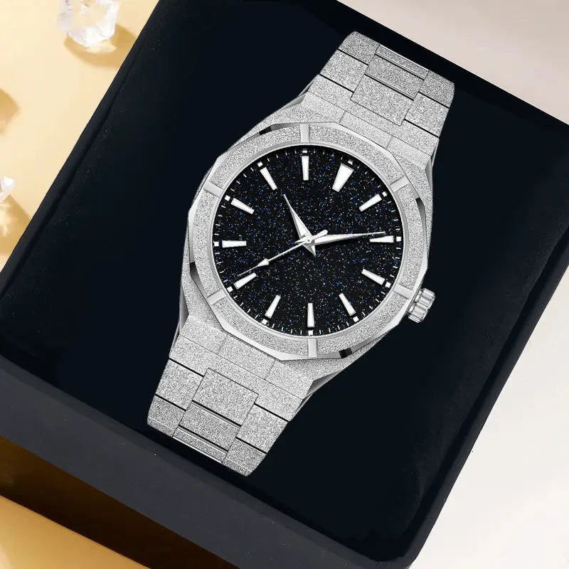 Men's business watch with frosted stainless steel case and luminous markers in silver, gold or black options