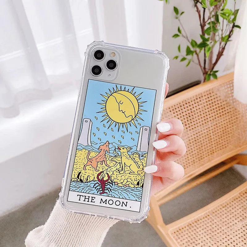 Creative Mythology comic design iPhone case in sun or moon graffiti colours, flexible silicone TPU back cover.