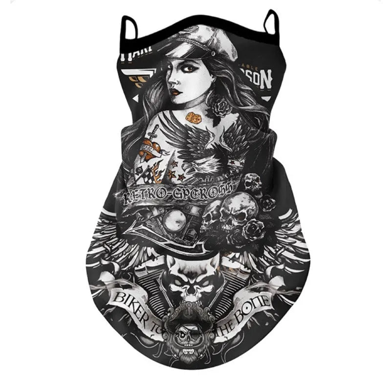 Lycra spandex full face and neck protection sun mask showing skull and floral design options