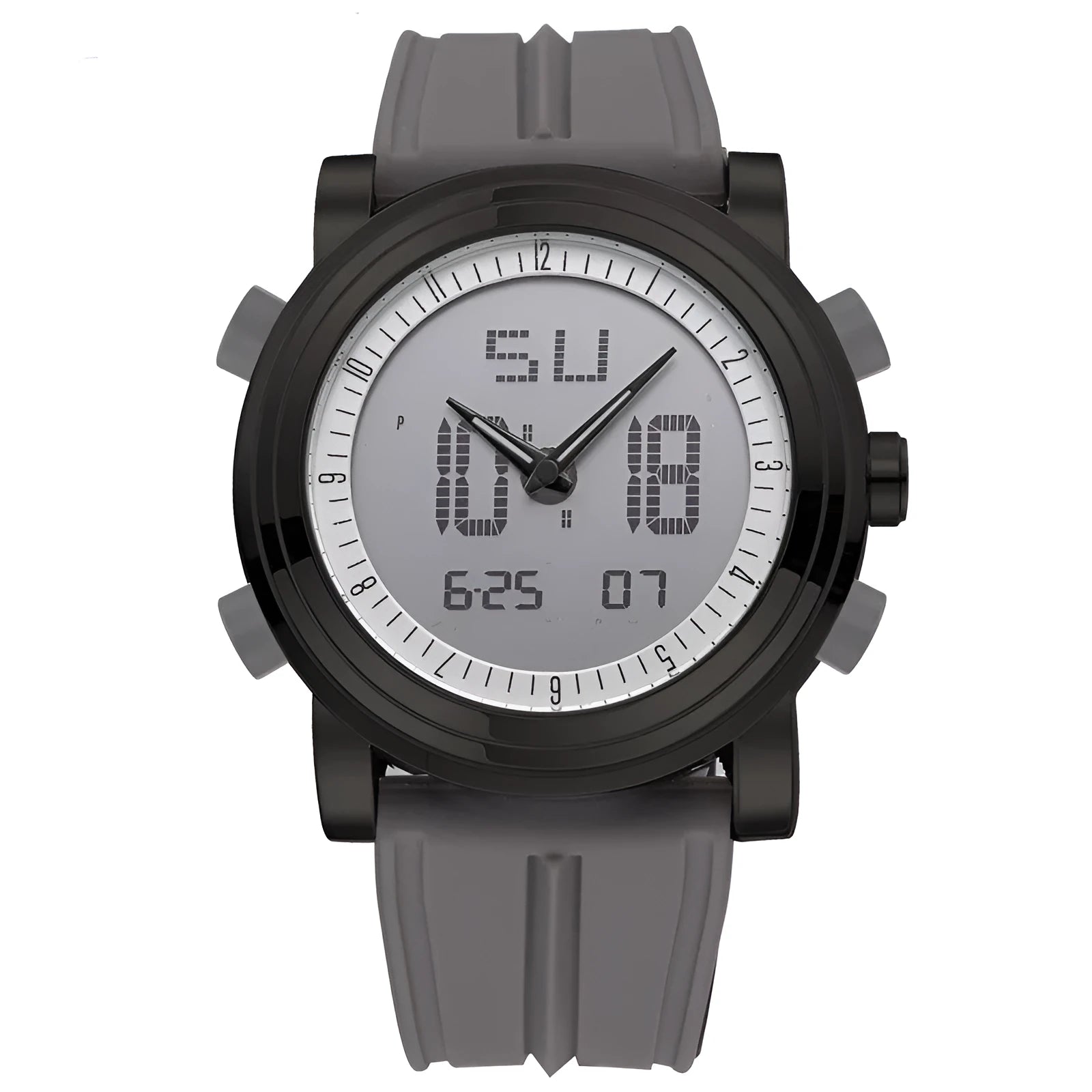 Black luminous electronic watch with analogue hands and digital display on 47mm dial