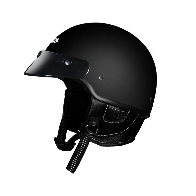 Retro style motorcycle helmet on a solid background, shown in a choice of ivory white, black, or grey.