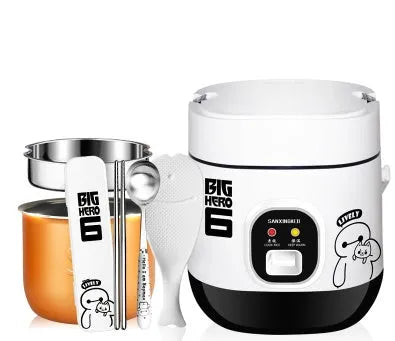 Compact round miniature rice cooker with steaming tray in blue, shown with non-stick liner and mechanical control panel.