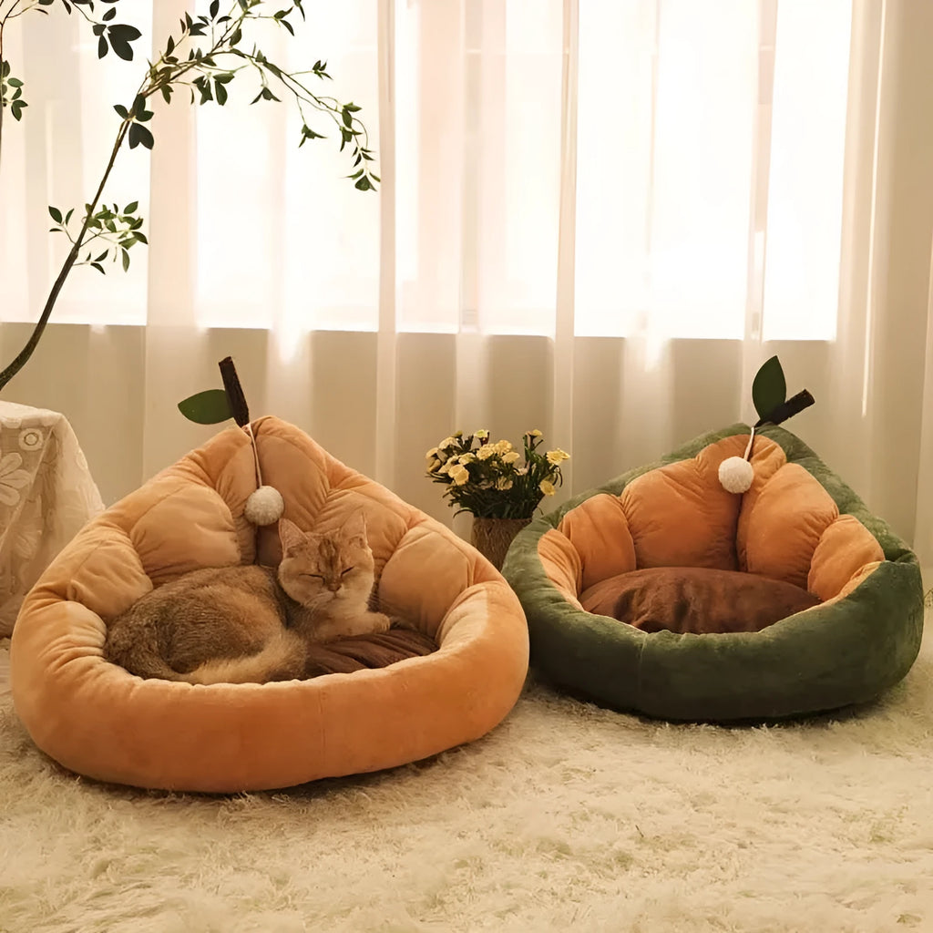 Soft cotton plush cat and dog bed in coffee colour, shown in medium size.