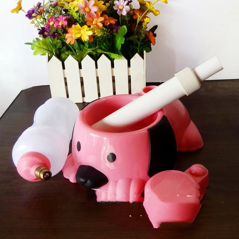 Adjustable height pet drinking bowl with rod mechanism in blue, pink or yellow colours