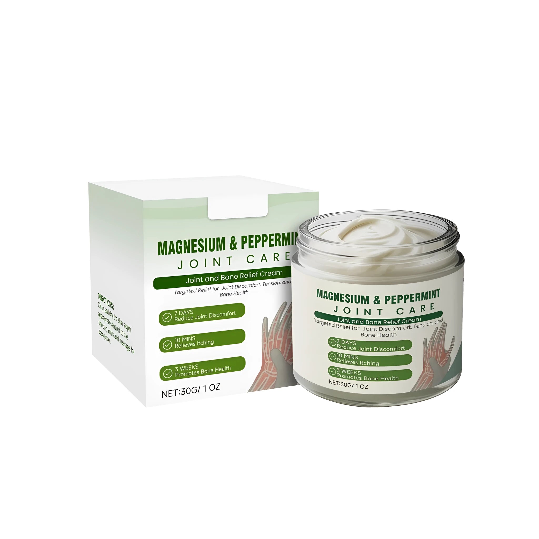 A 30g tube of joint and bone relief cream with ingredients mint, arnica and turmeric.