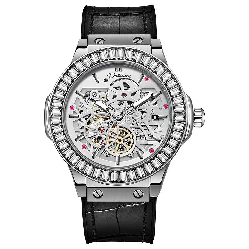 Automatic mechanical men's watch with hollow movement and diamond studding in business style