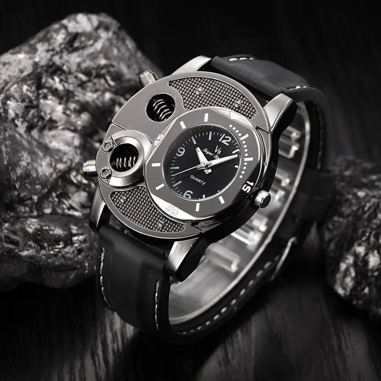 V8 quartz watch for men black round dial stainless steel strap 43mm
