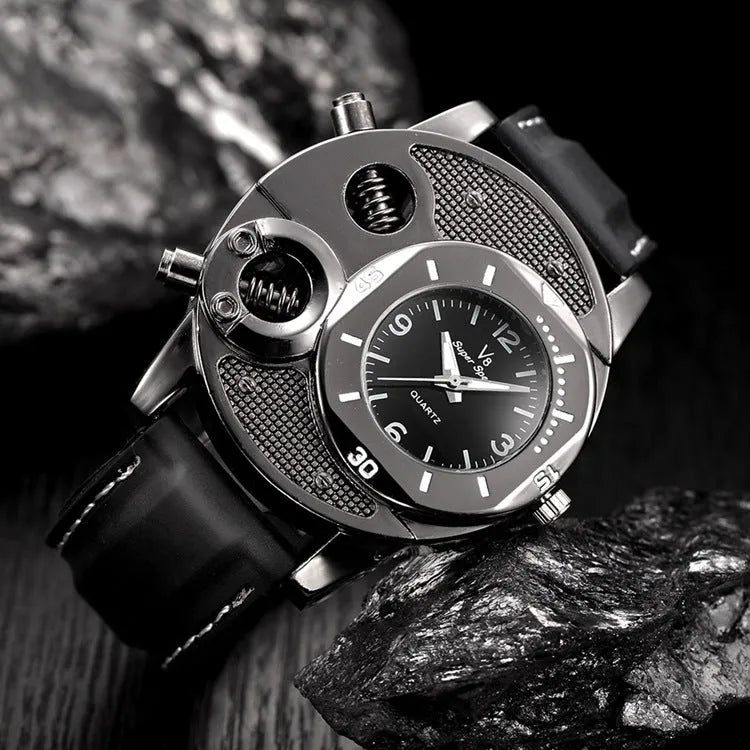 V8 quartz watch for men black round dial stainless steel strap 43mm