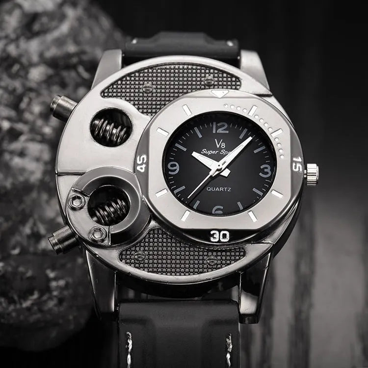 V8 quartz watch for men black round dial stainless steel strap 43mm