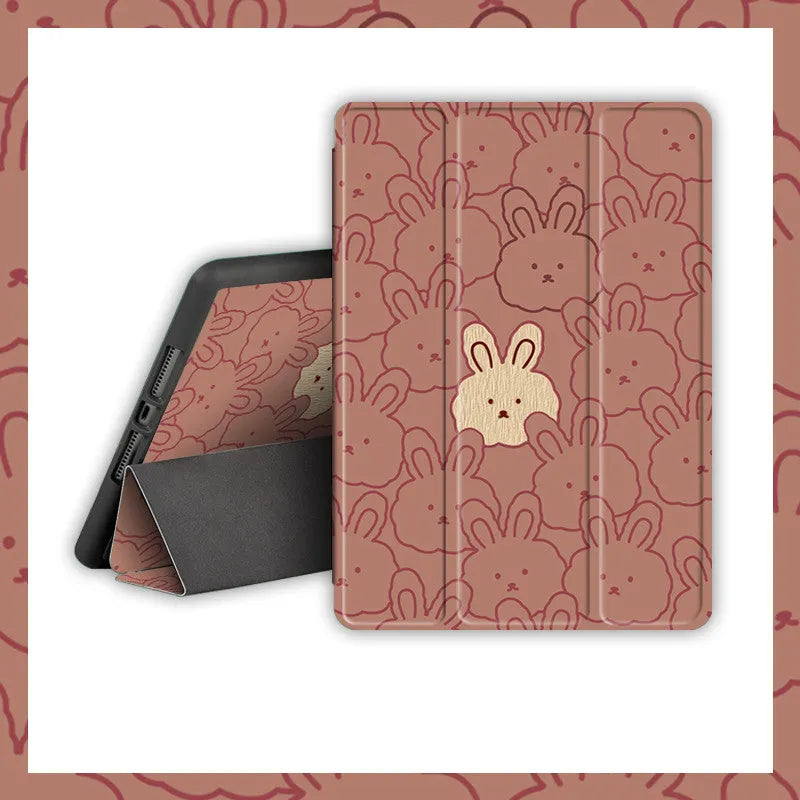 Cartoon cute rabbit silicone computer case for iPad in book full screen design with pen slot