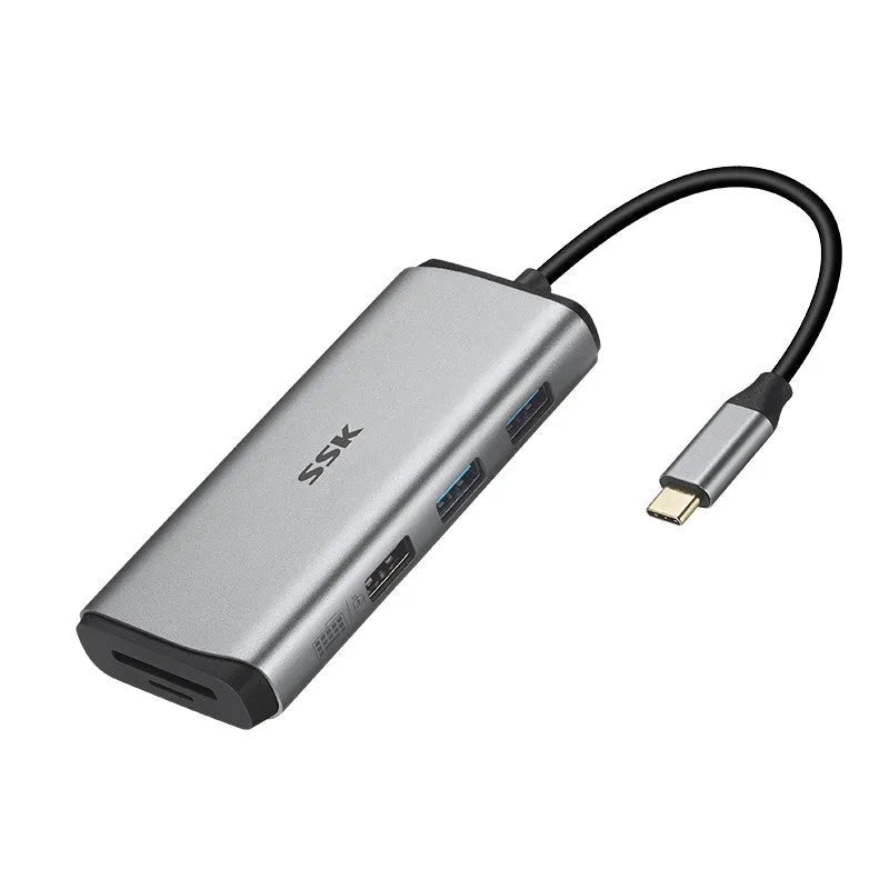 11-in-1 grey metal USB C hub adapter with HDMI VGA USB 3.0 network port PD 3.0 and SD card reader on 0.15m cable