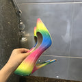 Rainbow patent leather women's high heels with pointed toe and thin ultra-high heel.