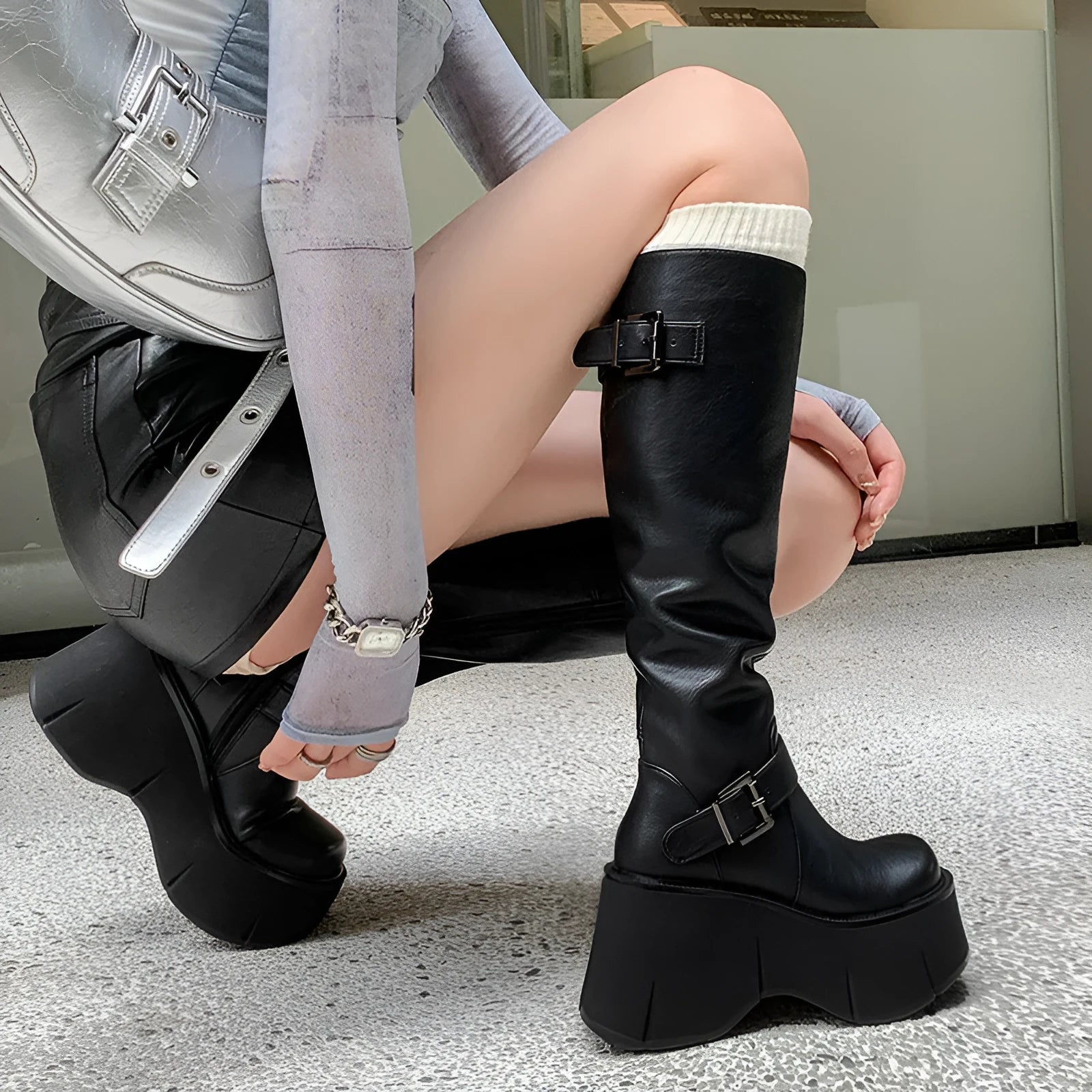 Black artificial PU women's tall knight boots with chunky heel and front lace-up stitching details round toe