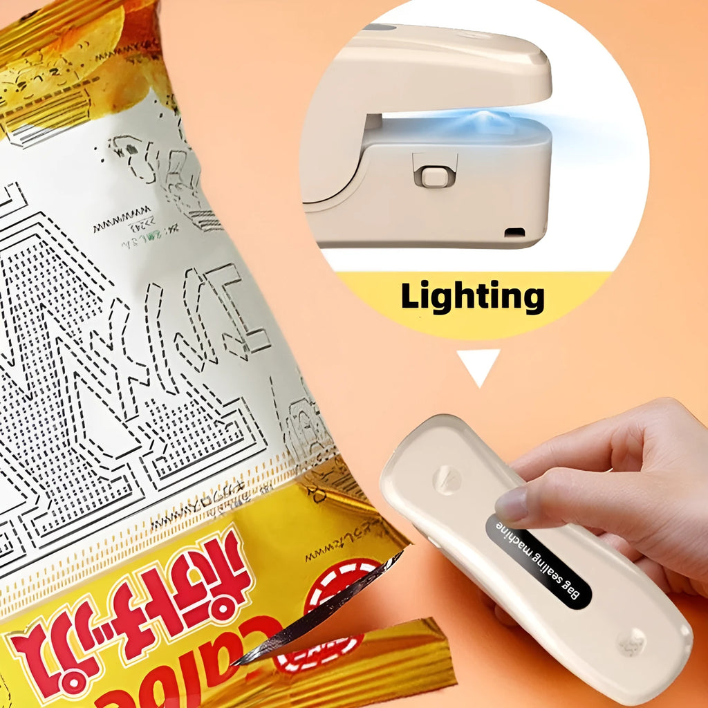 Milky white portable kitchen sealer with USB charging cable and compact dimensions