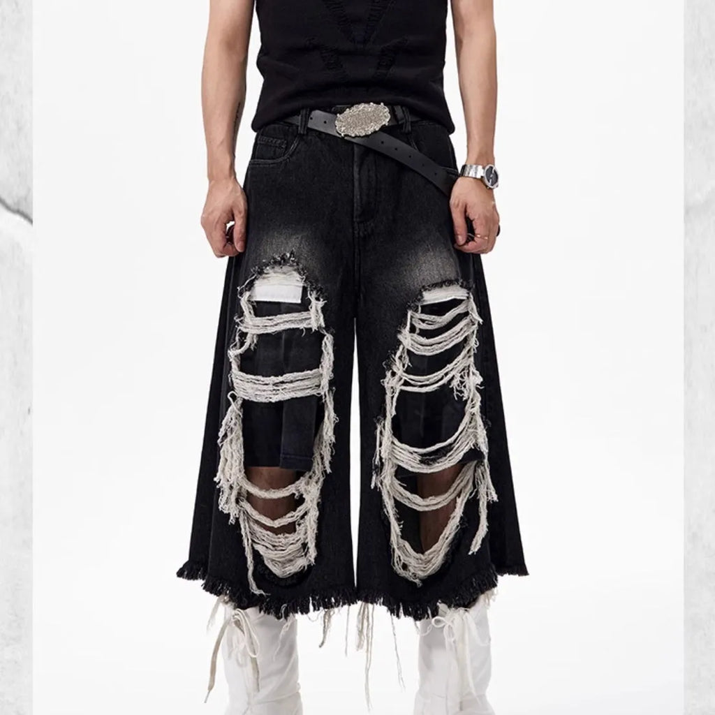 Cropped wide leg jeans mid-high waist black cotton denim ripped patch loose fit