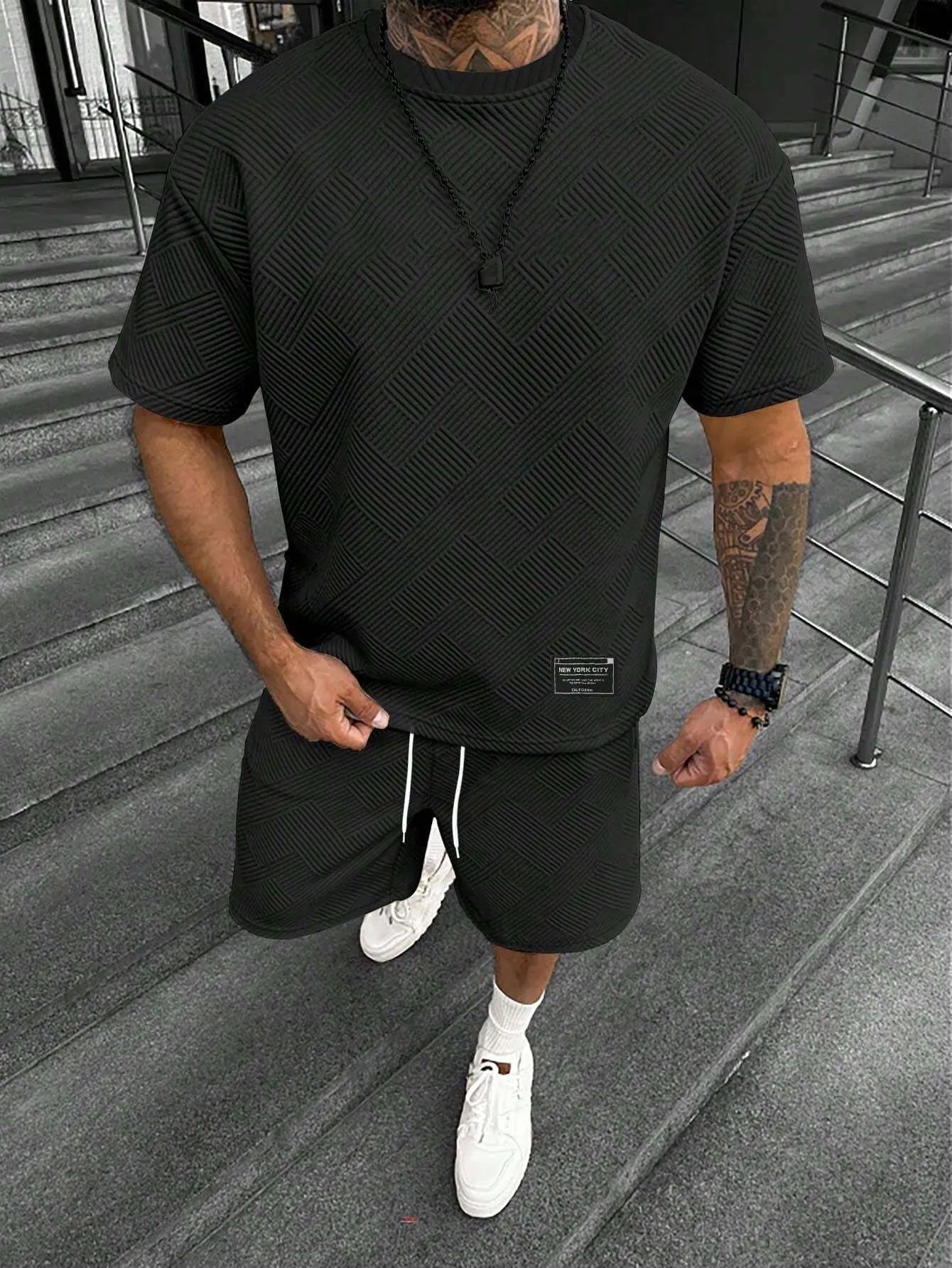 Men's two-piece shorts set with 3D printed design in chemical blend fabric