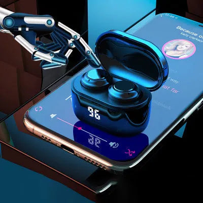 Black stereo Bluetooth headset with earplug design showing bilateral earpieces.