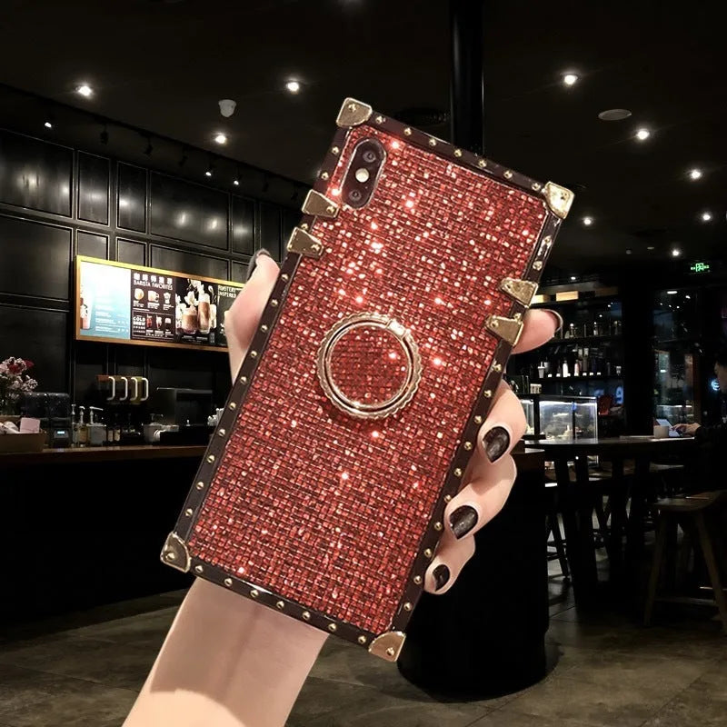 Square TPU mobile phone case with flash diamond bracket in multiple colour options