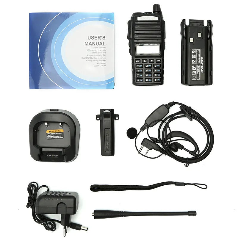BF-UV82 8W walkie talkie black with antenna and display front view